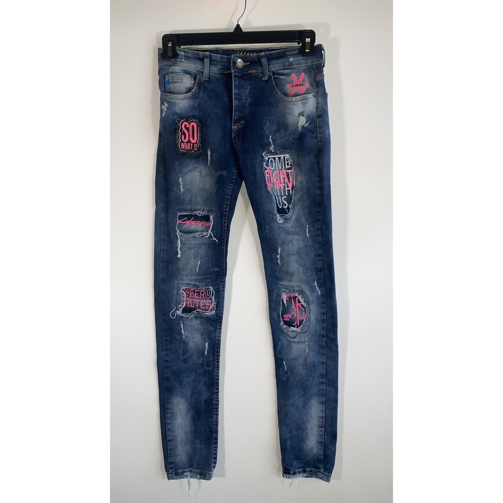 XWAY Women's Embroidered Skinny Jeans Size 29 (MOD-6091-1) Patch Work Blue Pink‎